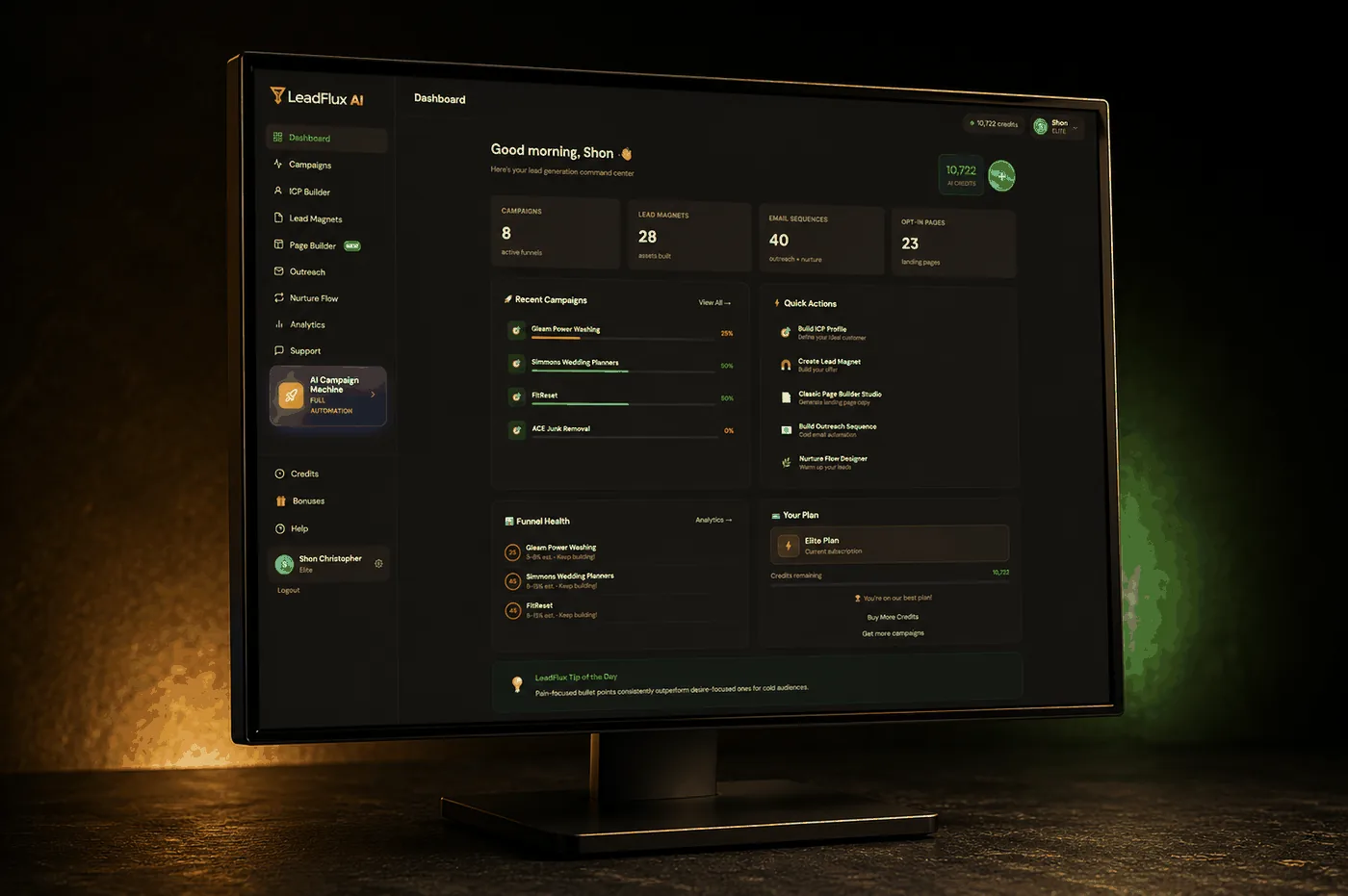 LeadFlux AI dashboard showing campaigns, lead magnets, email sequences and opt-in pages